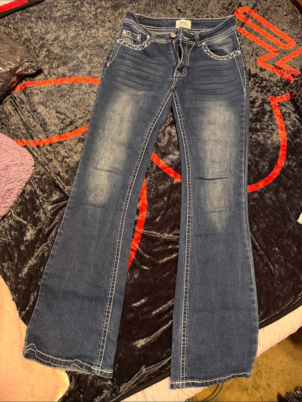Angel Women's Dark Blue Flare Jeans with Faded Whiskering